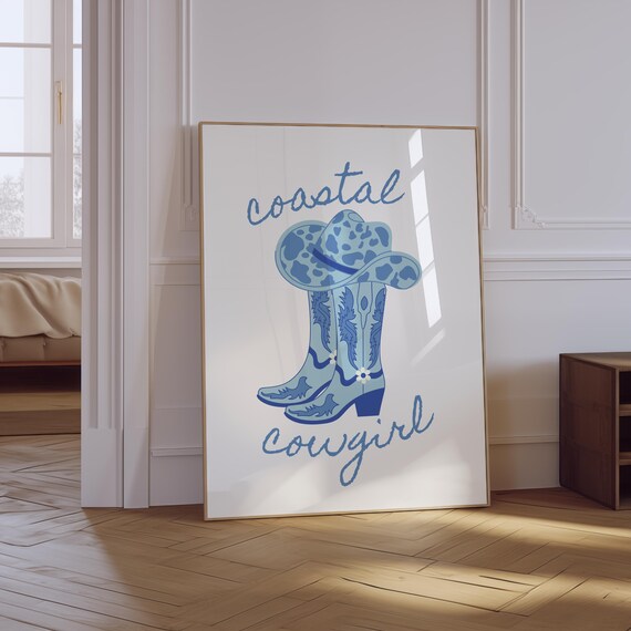 Coastal Cowgirl Blue Spotted Cowboy Boots and Hat Western Wall Art