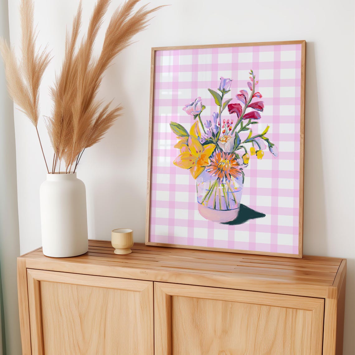 Pink Gingham Floral Still Life Watercolor Vase Bouquet Spring Print - Image 4