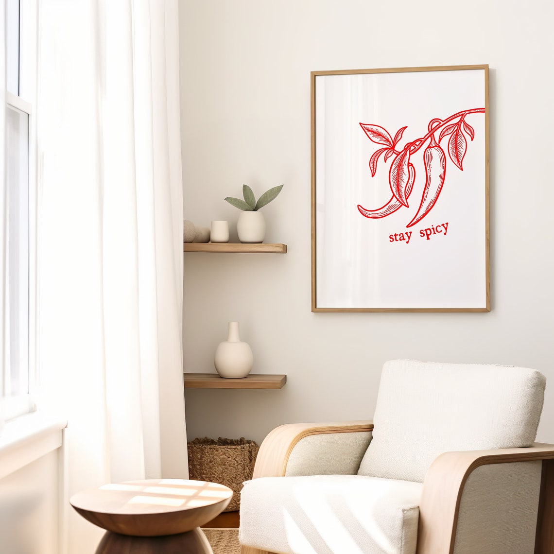 Stay Spicy Red Chili Pepper Botanical Line Art Kitchen Wall Poster - Image 2