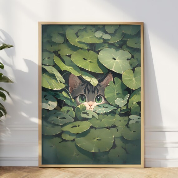 Cute Gray Kitten Peeking Through Green Leaves Kawaii Illustration Poster
