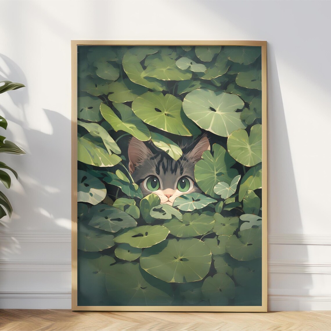 Cute Gray Kitten Peeking Through Green Leaves Kawaii Illustration Poster