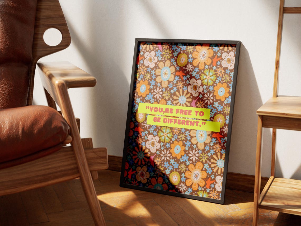 Youre Free To Be Different 70s Groovy Floral Poster Retro Flower Power - Image 3