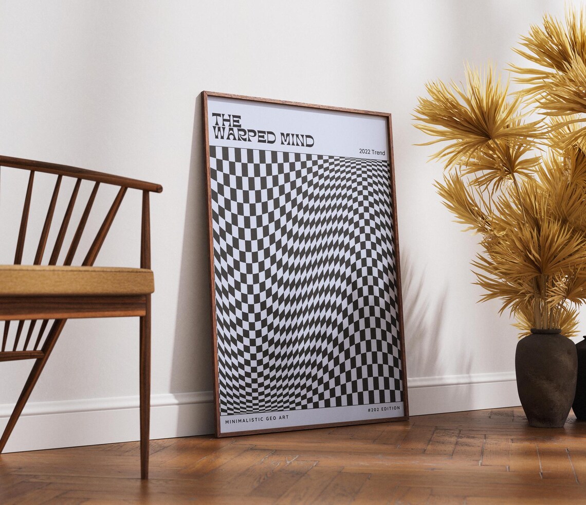 Black And White Distortion Poster Warped Mind Typography Modern Graphic Design Edgy Art Visual Illusion Art Print Checkered Pattern - Image 2