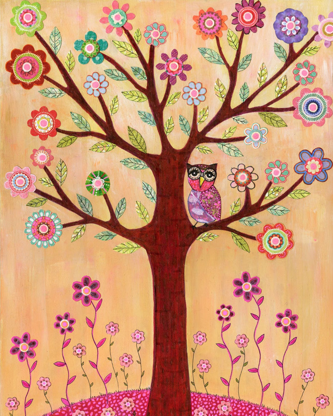 Pink Patterned Owl in Blossoming Tree Folk Art Nursery Wall Poster
