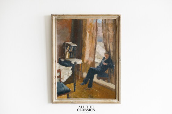 Reader by Window Cozy Interior Bookshelf Oil Painting Poster
