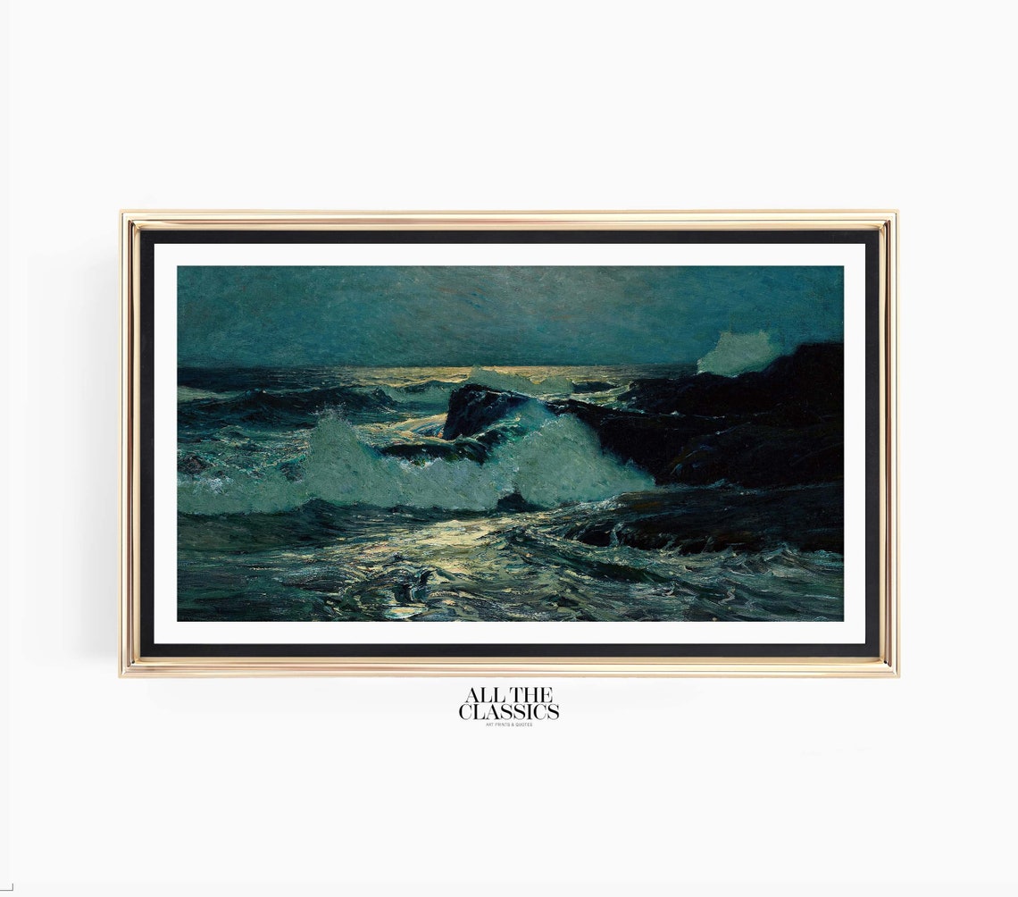 Early Moonrise Moonlit Seascape Rocky Coast Ocean Nocturne Poster - Image 3