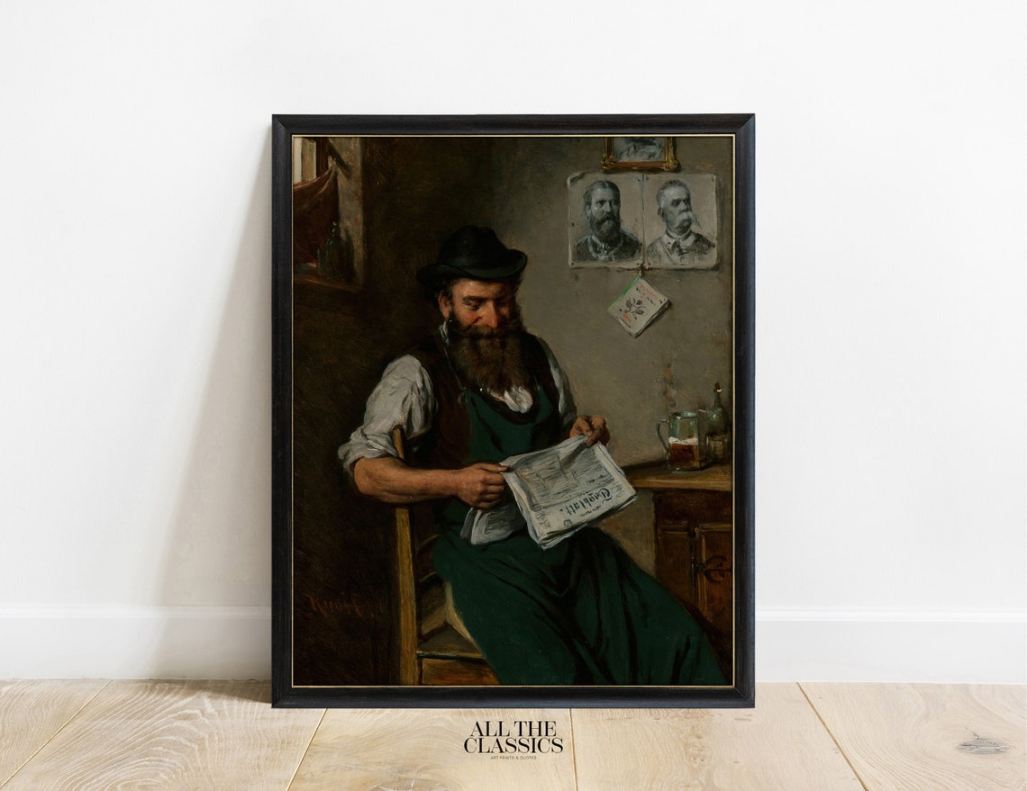 Bearded Man Reading a Newspaper in a Dark Tavern Vintage Poster - Image 3