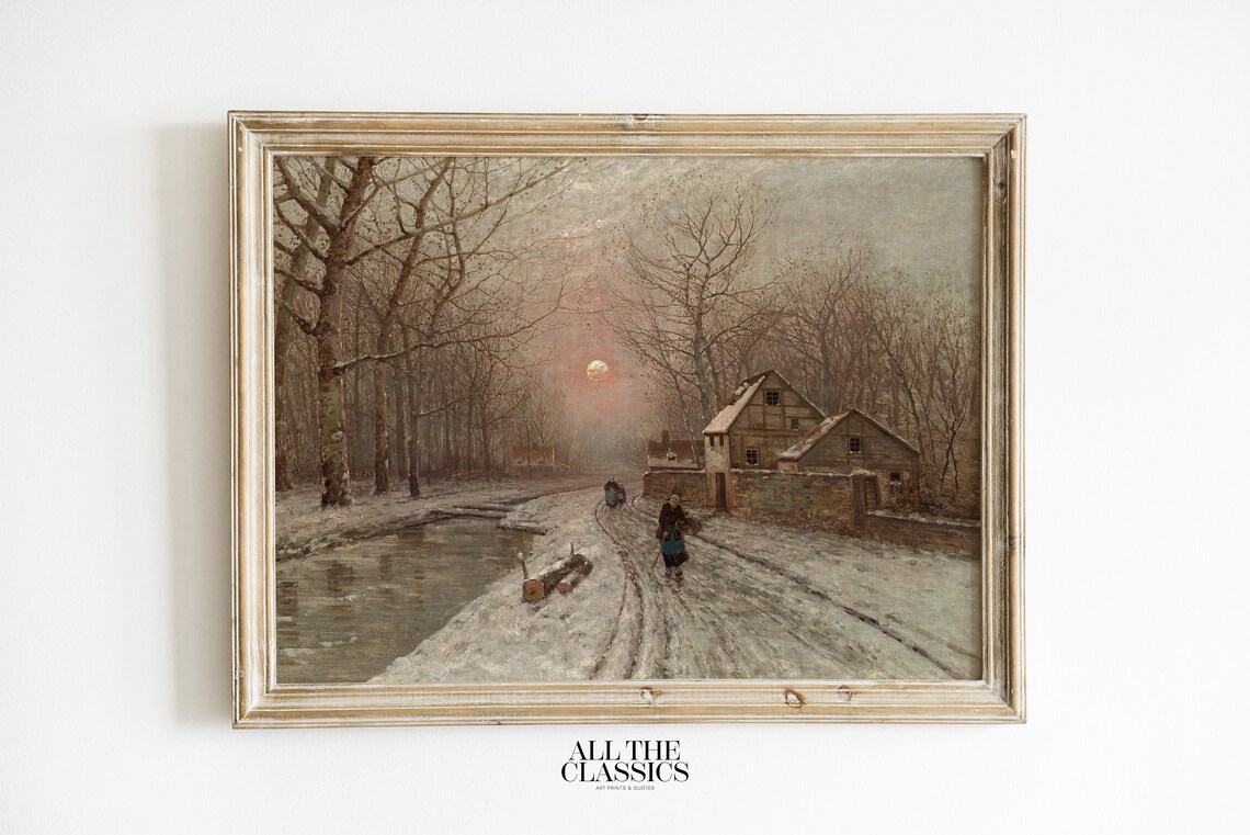 Vintage Winter Village Art Print, Rustic Landscape
