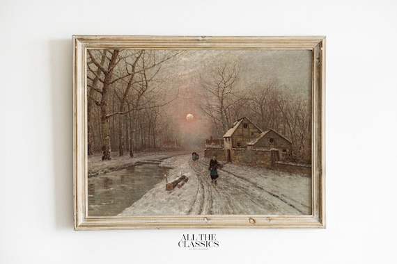 Vintage Winter Village Art Print, Rustic Landscape