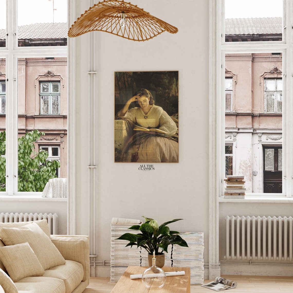 Woman Reading Book Outdoors Dark Woods Vintage Oil Painting Poster - Image 2
