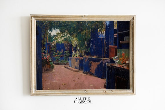 Vintage Art Print Wall Art Rustic Spanish Courtyard Vibrant Bold Blue Blue Courtyard Santiago Rusiol