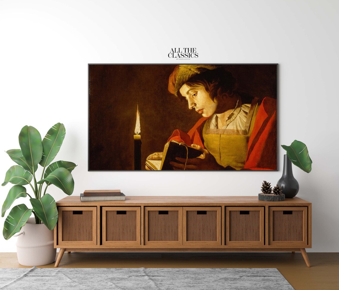 Matthias Stom A Young Man Reading By Candlelight Baroque Portrait Poster - Image 2