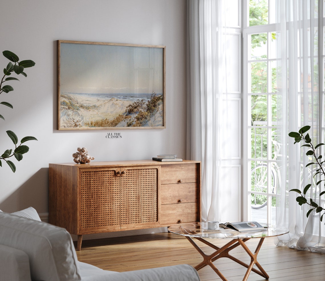 Neutral Beach Dunes Seascape Vintage Calm Coastal Landscape Wall Art - Image 2