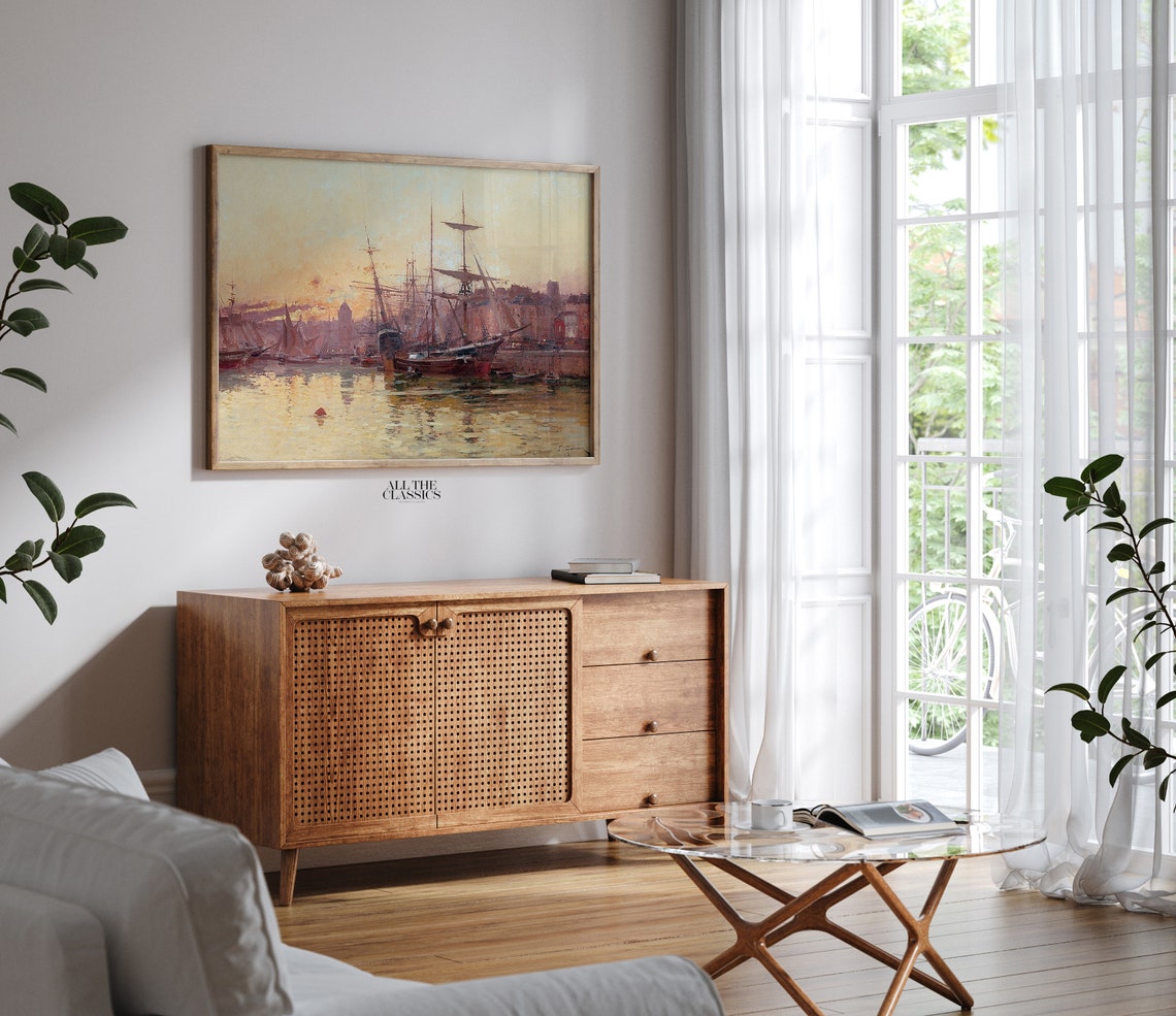 French Harbor Sunset Tall Ships Vintage Nautical Seascape Poster - Image 2