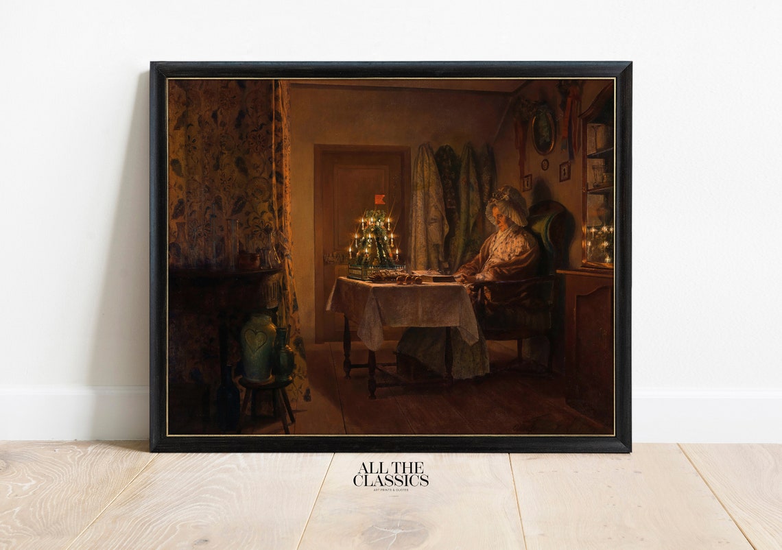 Elderly Woman Candlelit Christmas Tree Cozy Victorian Interior Poster - Image 3