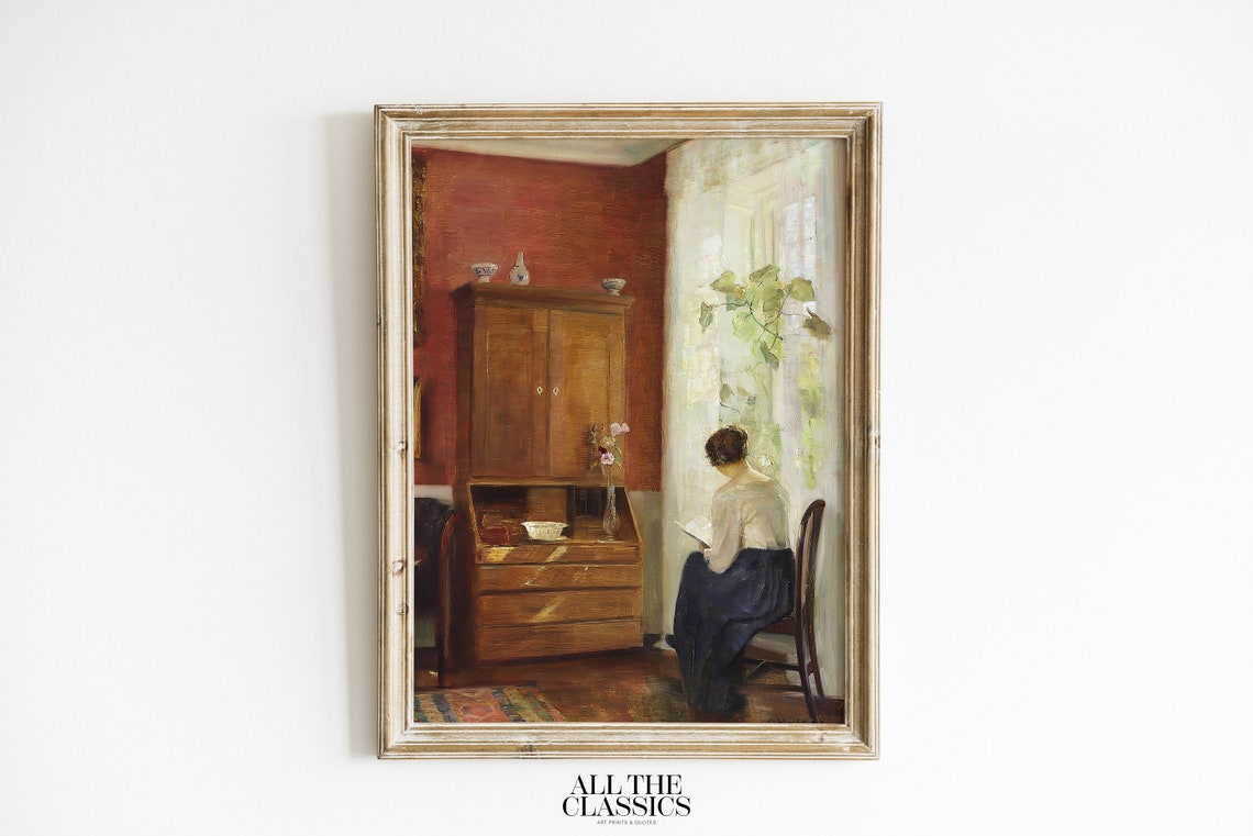 Woman Reading By Sunlit Window Rustic Interior Vintage Painting Poster