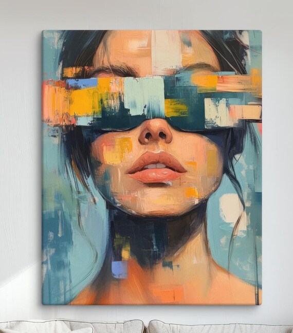 Abstract Woman Face Colorful Paint Blocks Teal Yellow Modern Portrait Poster