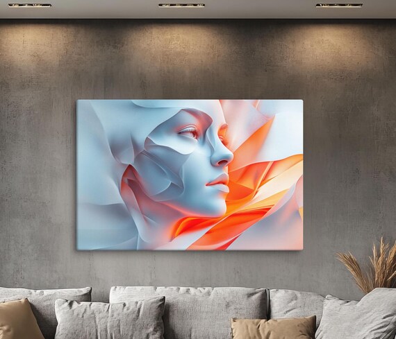 Serenity In Motion Abstract Painting Profile Artwork Modern Wall Decor Home Art With Smooth Lines Blue And Orange Colors