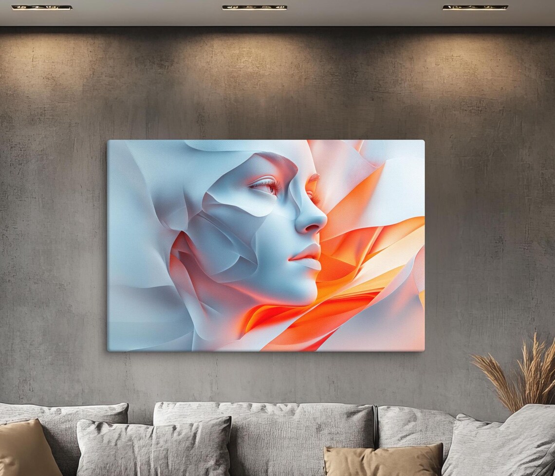 Serenity In Motion Abstract Painting Profile Artwork Modern Wall Decor Home Art With Smooth Lines Blue And Orange Colors
