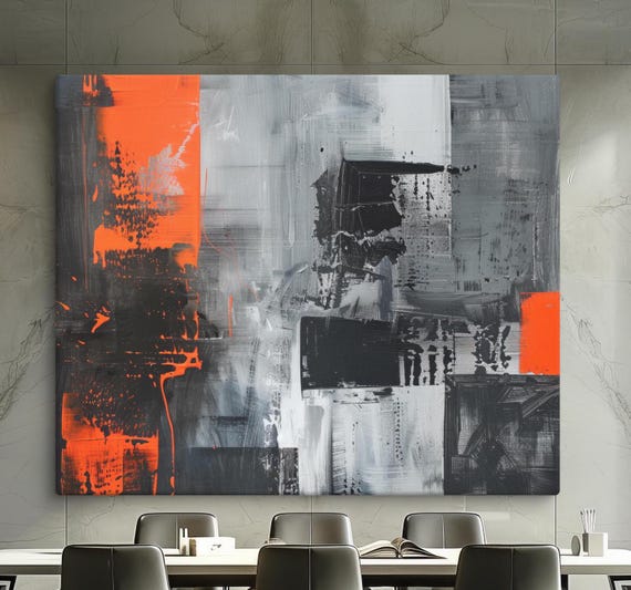 Bold Abstract Wall Art Black Grey And Bright Orange Modern Painting Contemporary Home Decor Perfect For Living Room Or Office