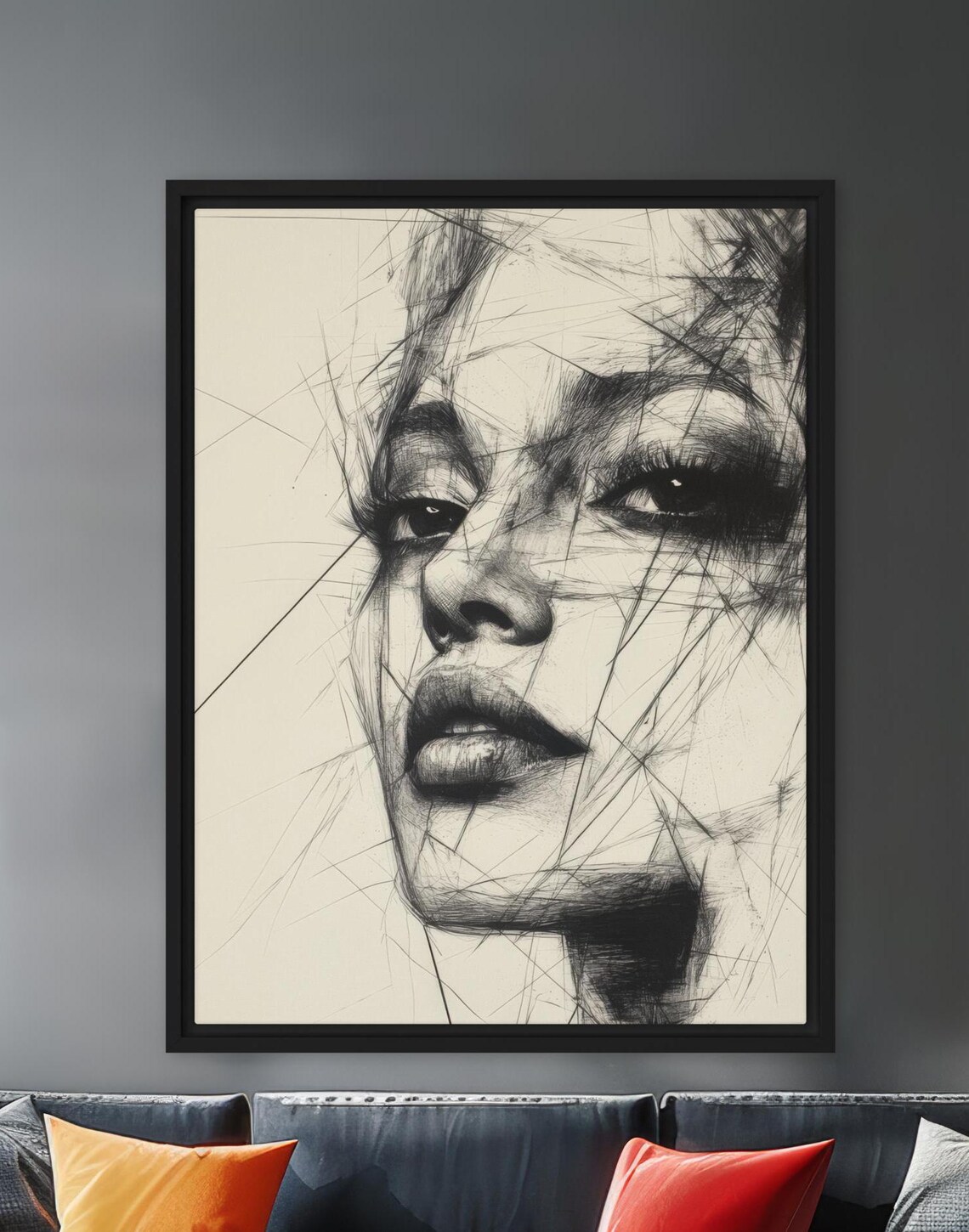 Framed Black White Sketch Woman Face Dramatic Line Art Portrait Wall Art