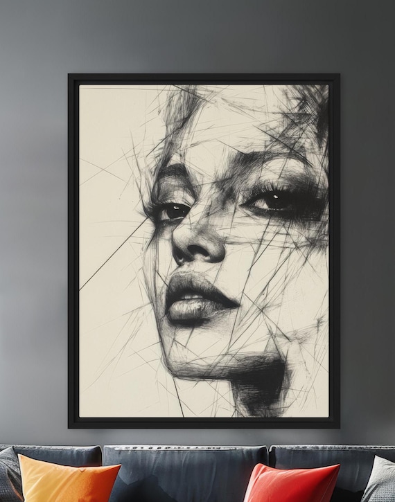 Framed Black White Sketch Woman Face Dramatic Line Art Portrait Wall Art