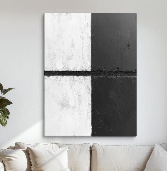 Black And White Abstract Art Modern Minimalist Textured Wall Decor Ready To Hang Bold Monochrome Painting For Contemporary Spaces
