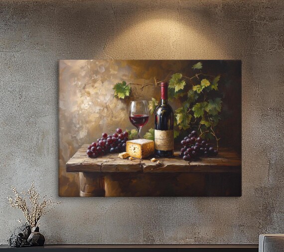 Red Wine Cheese Grapes Rustic Table Classic Still Life Painting Art Poster