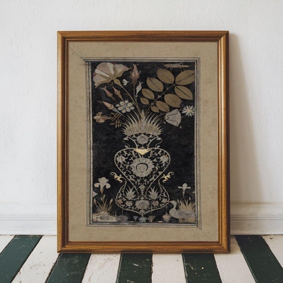 Antique Botanical Art Boho Flower Vase Print Moody Still Life Wall Vintage Dark Decor
