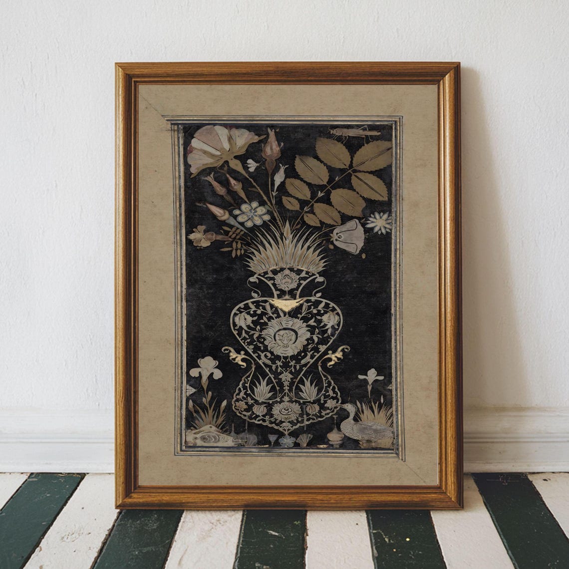 Antique Botanical Flower Vase Engraving Moody Dark Floral Art Print