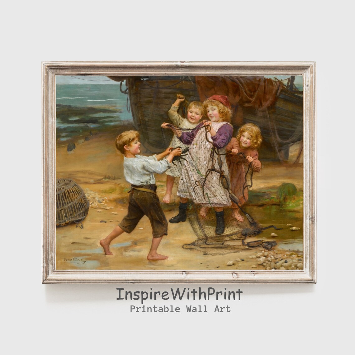 Victorian Children with Fishing Net on Beach Classic Painting Poster