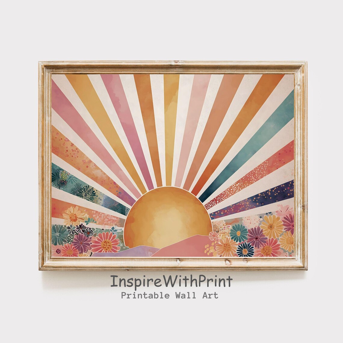 Boho Sun Print Horizontal Wall Art Abstract Sunrise Midcentury Modern Playroom Poster Nursery