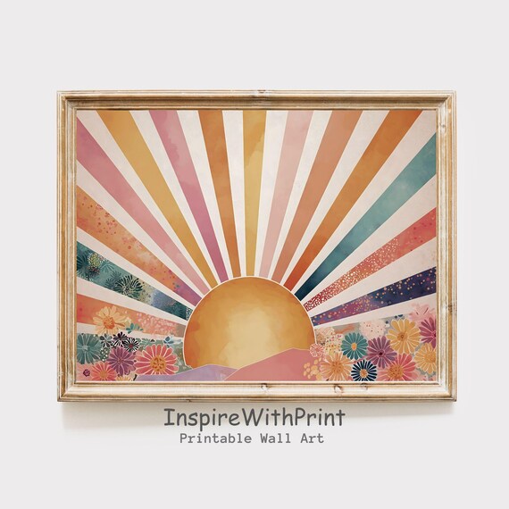 Colorful Boho Sunburst Sunrise With Wildflowers Retro Wall Art