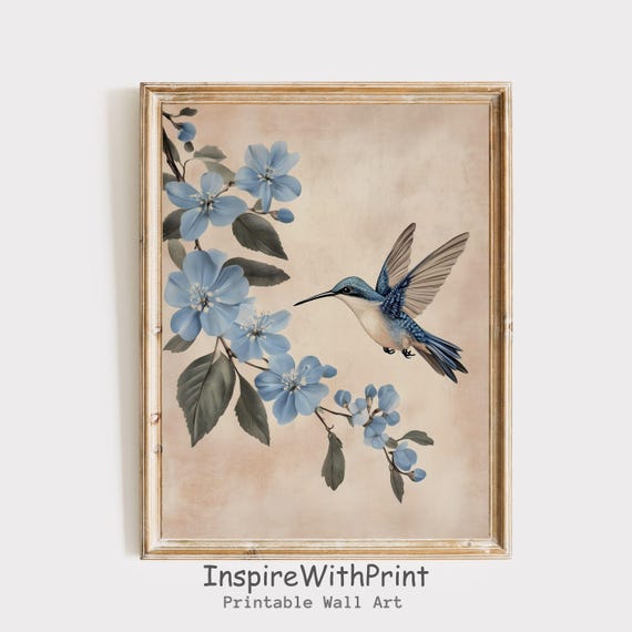 Vintage Hummingbird Print Moody Bird Lover Gift Blue Wall Art Cottage Core Grand Millennial