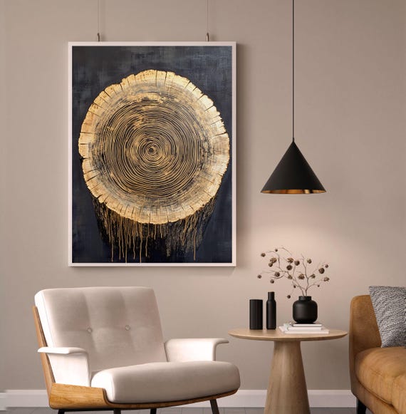 Tree Ring Print Wood Wall Art Minimalist Modern Neutral Boho Decor Farmhouse Woodcut Black And Gold