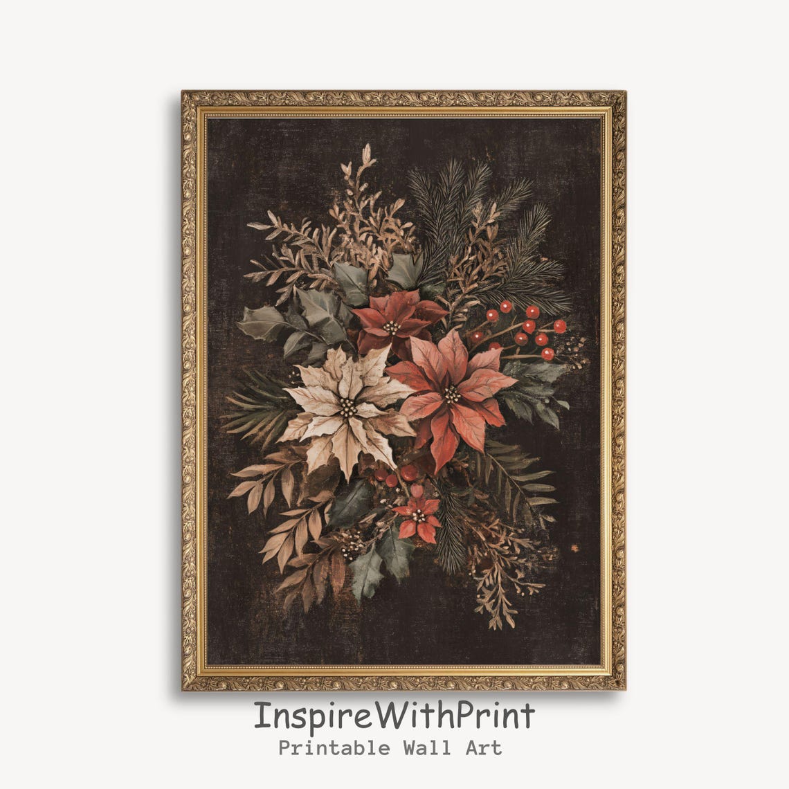 Dark Antique Christmas Poinsettia Botanical Floral Art Poster