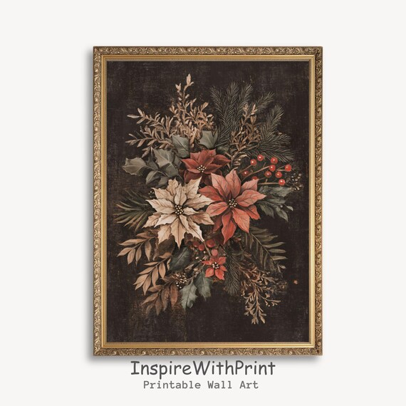 Dark Antique Christmas Poinsettia Botanical Floral Art Poster