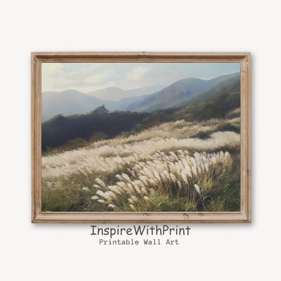Country Meadow Grass Field Landscape Print Pampas Wall Art Neutral Nature Rustic Mountain