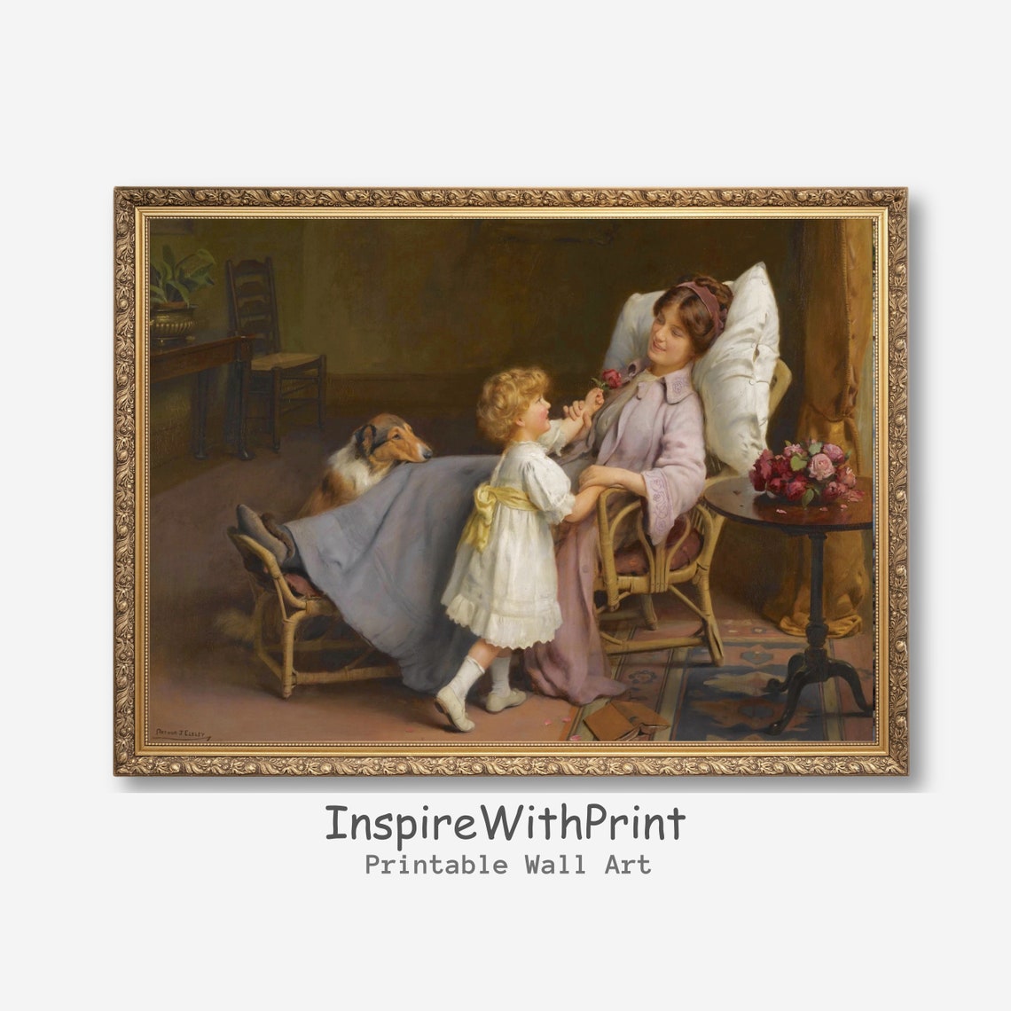Mother And Daughter Painting Vintage Wall Art Antique Oil Motherhood Print Child Portrait