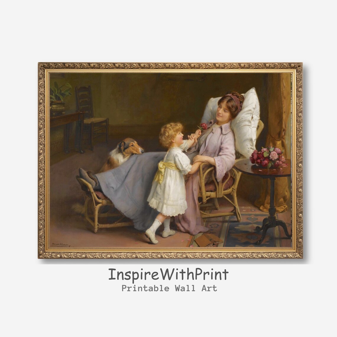 Victorian Mother And Daughter Painting With Collie Dog Vintage Art Poster
