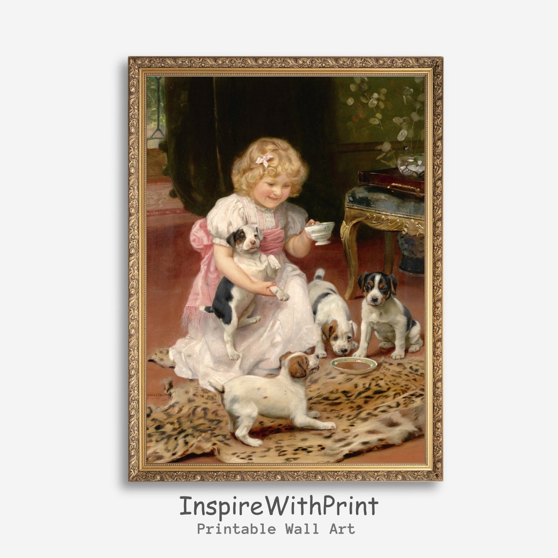 Little Girl With Puppies Victorian Style Vintage Painting Art Poster