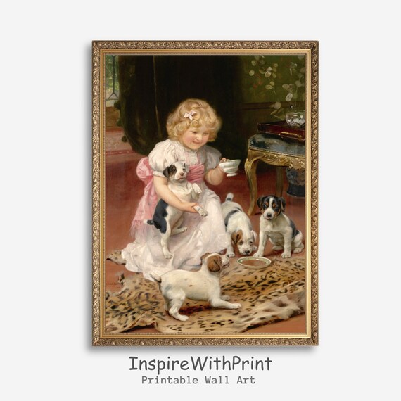Little Girl With Puppies Victorian Style Vintage Painting Art Poster