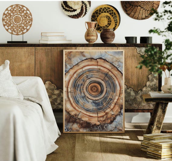Morden Abstract Tree Rings Wall Art Scandinavian Wood Print Nordic Woodcut Painting Neutral Boho