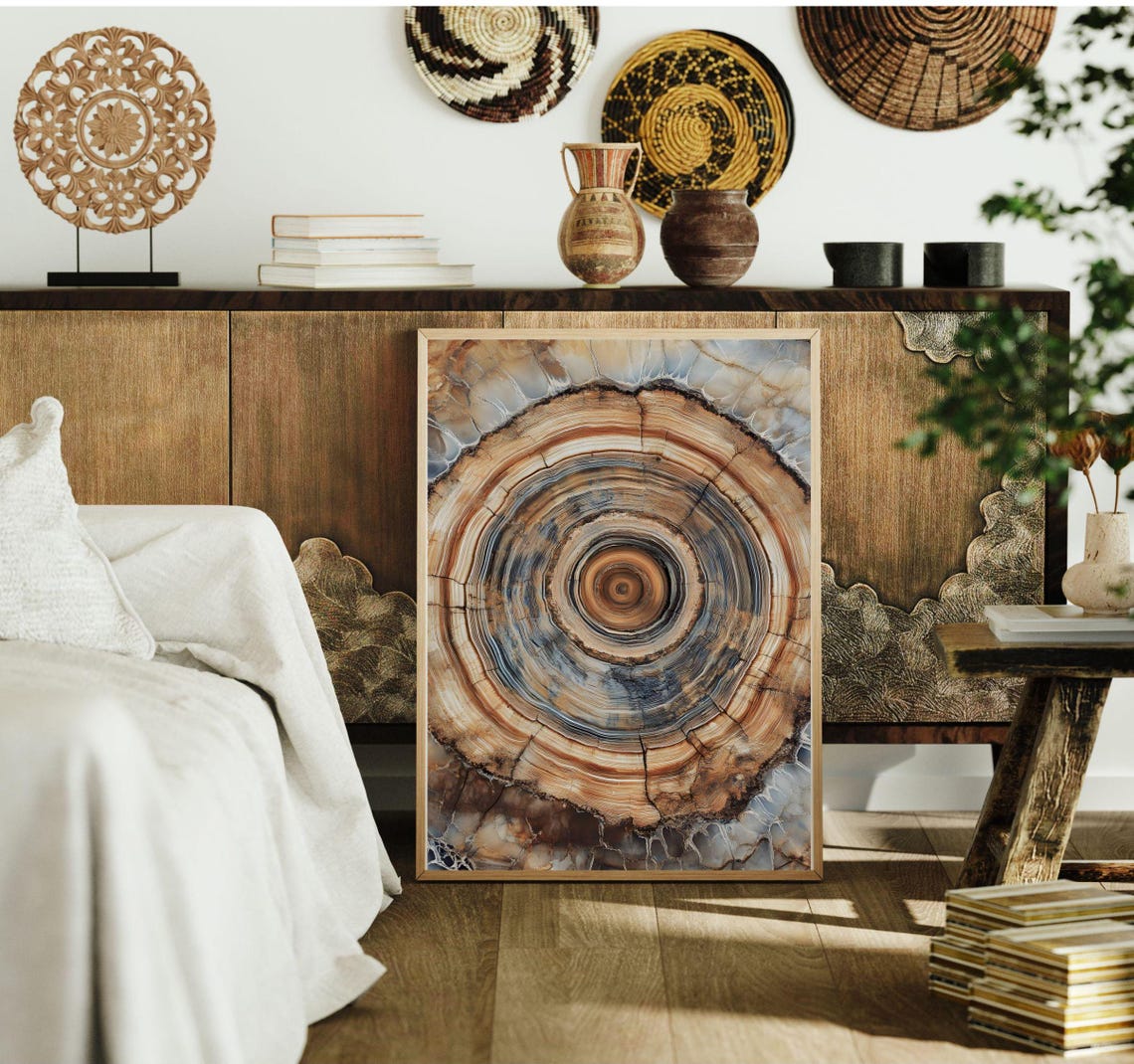 Scandinavian Abstract Tree Rings Painting Earthy Boho Style Wall Art