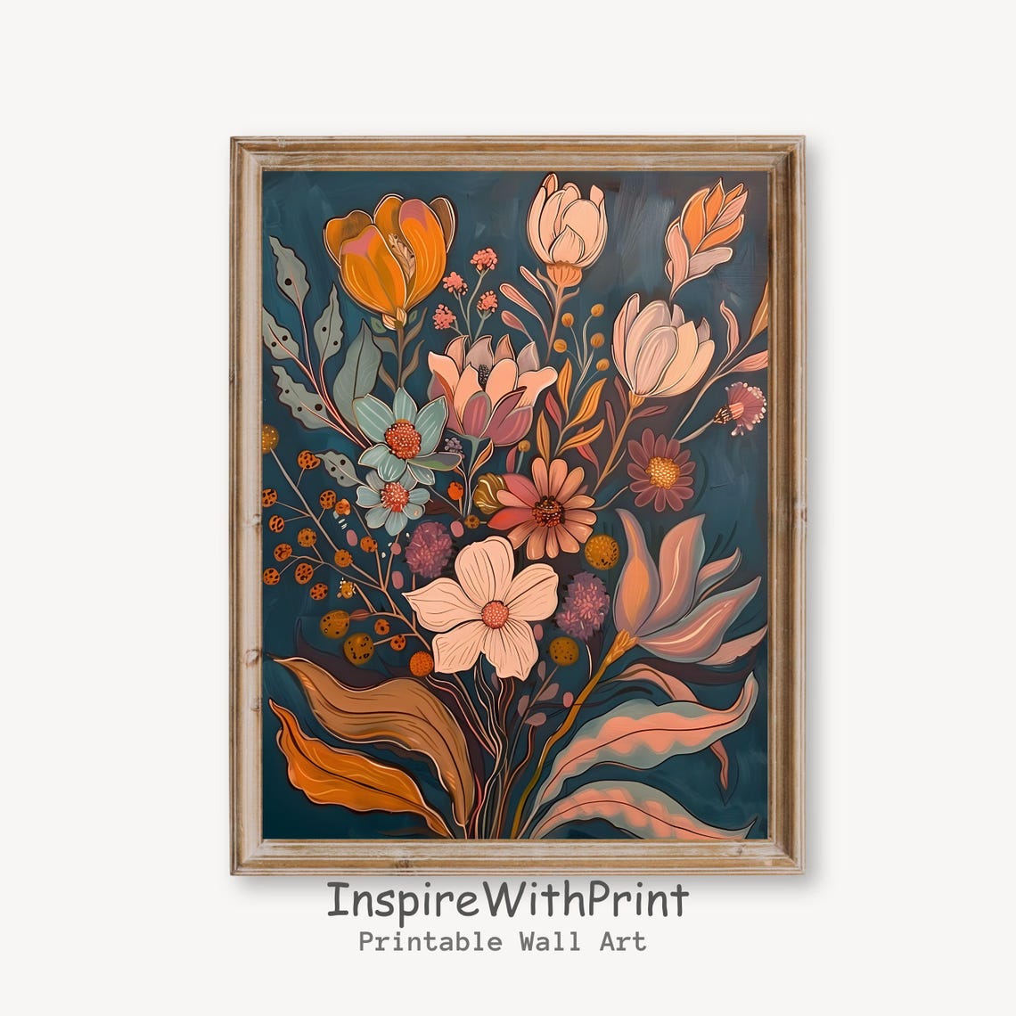 Blush Pink and Orange Midcentury Wildflower Bouquet Teal Poster