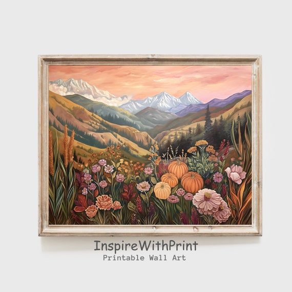 Fall Landscape Wall Art Pumpkin Field Painting Pumpkins Autumn Flowers Cottage Decor