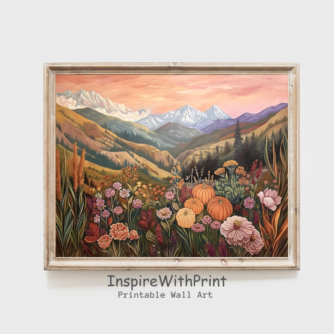 Fall Pumpkin Patch Painting Mountain Sunset Autumn Harvest Poster