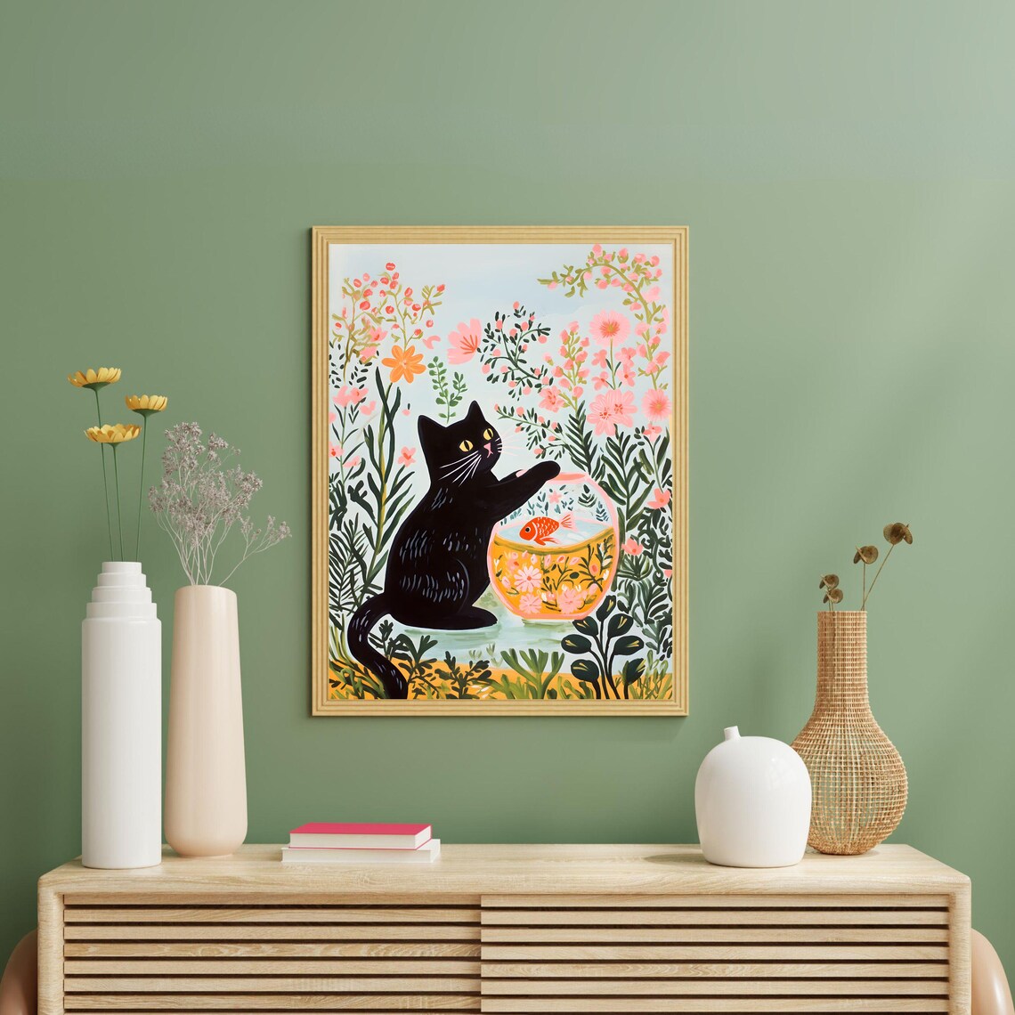 Cat Playing With Fish Bowl, Matisse-Inspired Art Print