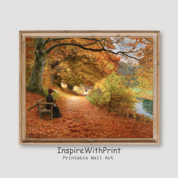 Moody Autumn Scenery Wall Art Vintage Fall Road Painting Landscape Decor Woman Portrait Print