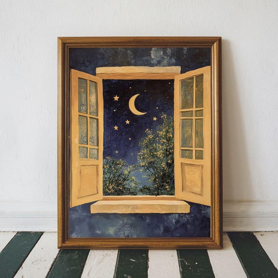 Matisse Open Window Art Moody Crescent Moon Print Dark Celestial Starry Sky Painting Cottage Core Rustic Wall